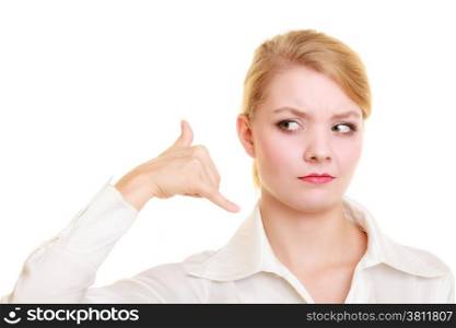 Surprised businesswoman making call me gesture. Disgusted girl with phone hand sign. Business communication. Isolated on white.