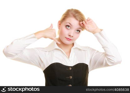 Surprised businesswoman making call me gesture. Shocked girl with phone hand sign. Business communication. Isolated on white.