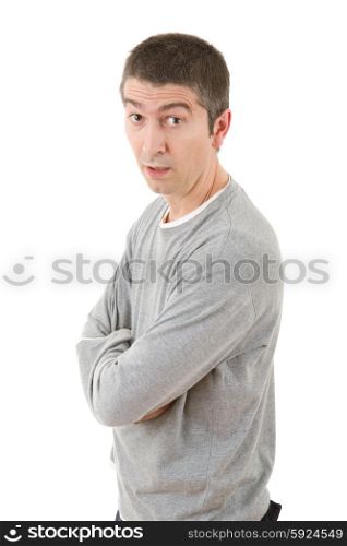 surprised casual man portrait, isolated on white