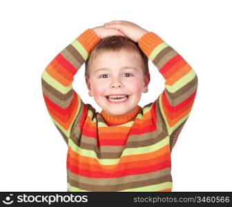 Surprised child with blond hair isolated on white background