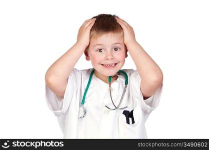 Surprised child with doctor uniform isolated on white