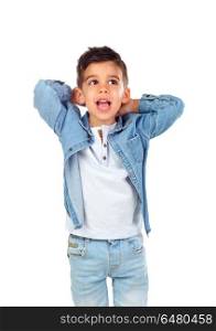 Surprised child with jeans. Surprised child with jeans isolated on a white background