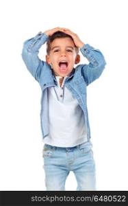 Surprised child with jeans. Surprised child with jeans isolated on a white background