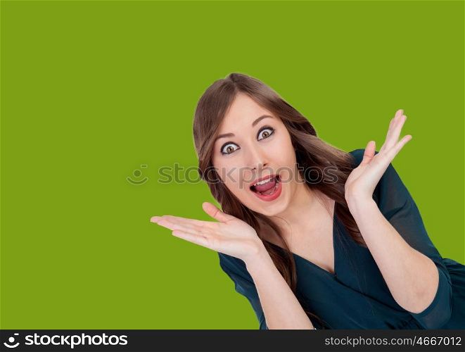 Surprised cool woman on a green background