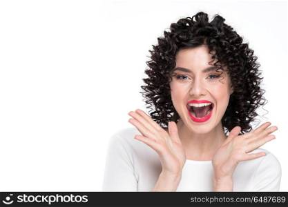 Surprised excited beautiful woman. Surprised excited beautiful woman screaming amazed in joy, isolated on white background