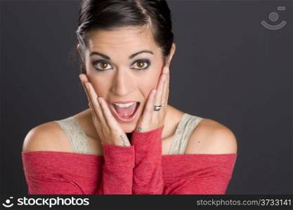 Surprised Excited Brunette Woman Looks at Camera Red Sweater