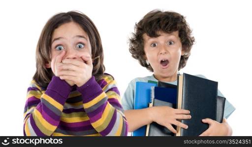Surprised girl and a boy with many books falling isolated over white
