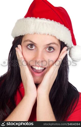 Surprised girl with Christmas hat isolated on a over white background