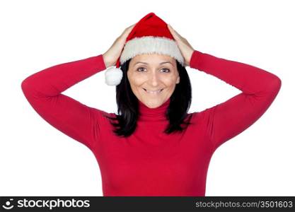 Surprised girl with Christmas hat on a over white background