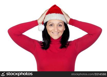 Surprised girl with Christmas hat on a over white background