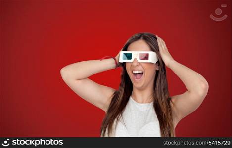 Surprised girl with long hair isolated on red background