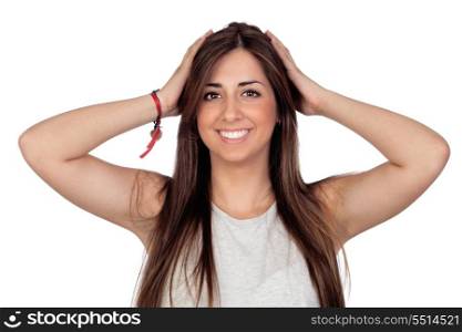 Surprised girl with long hair isolated on white background
