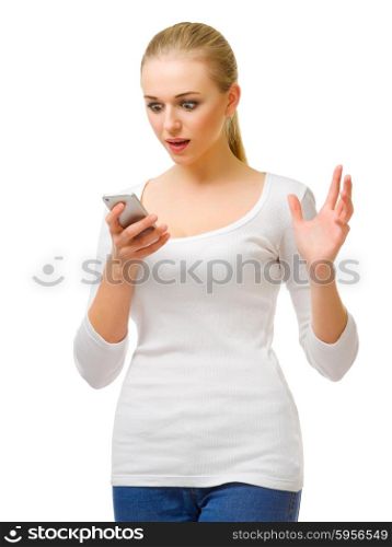 Surprised girl with mobile phone isolated