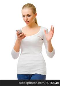 Surprised girl with mobile phone isolated