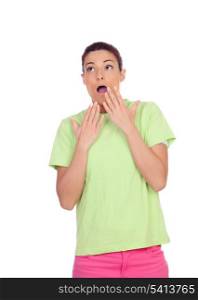 Surprised girl with pink jeans isolated on a white background