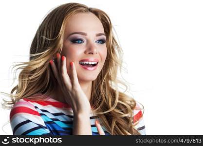 Surprised happy young woman looking sideways in excitement, isolated on white