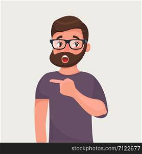 Surprised hipster beard man points. Incredible or hot news. Shocking suggestion. Vector illustration in cartoon style