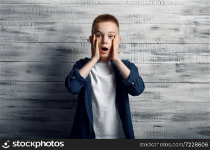 Surprised little boy in studio. Children and gadgets, kid isolated on wooden background, child emotion, schoolboy photo session. Surprised little boy in studio, wooden background