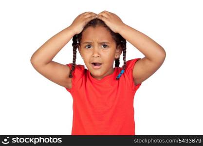 Surprised little girl with hands on head isolated on a over white