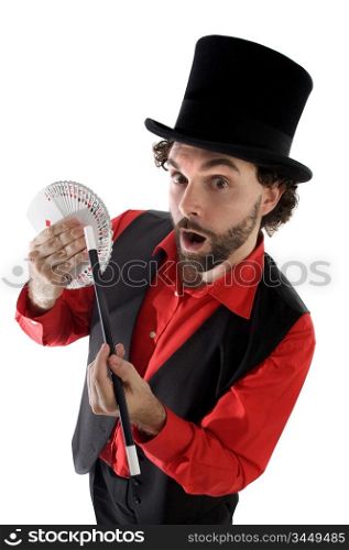 surprised magician doing a trick of letters