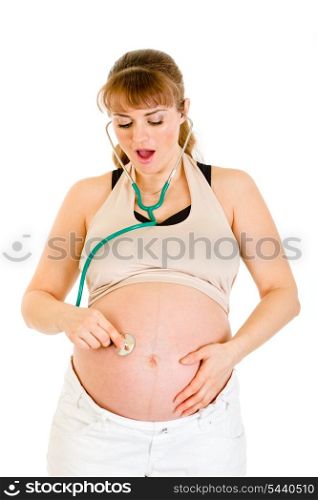 Surprised pregnant woman holding stethascope on her belly isolated on white&#xA;