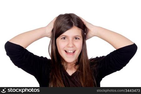 Surprised preteen girl isolated on white background