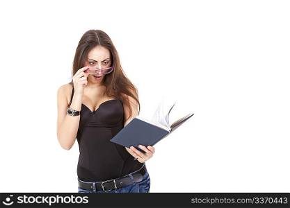 Surprised pretty girl with book, pen and glasses isolated on white background