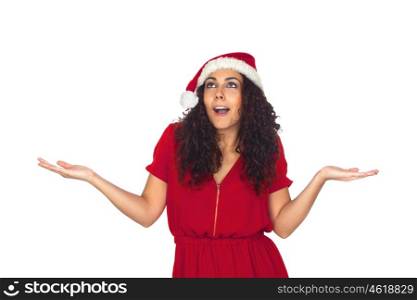 Surprised pretty woman in Christmas isolated on white background