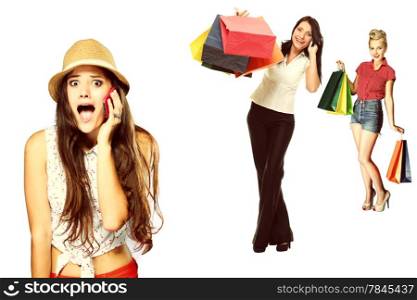 Surprised shocked emotional girl talking on mobile phone about sale. Young women with shopping paper bags in the background. Retail.