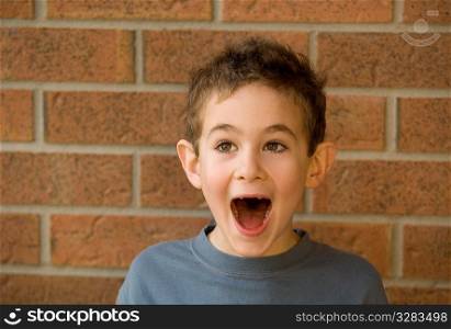 Surprised shot of young boy against brick wall.