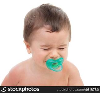 Surprised six month baby crying isolated on white background