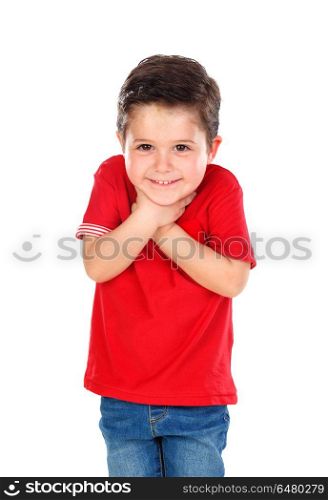 Surprised small boy with red shirt and jeans. Surprised small boy with red shirt and jeans isolated on a white background