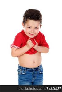 Surprised small boy with red shirt and jeans. Surprised small boy with red shirt and jeans isolated on a white background