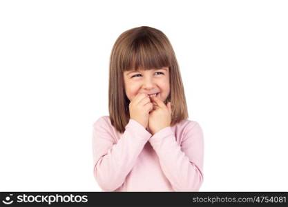 Surprised small girl making gestures isolated on a white background
