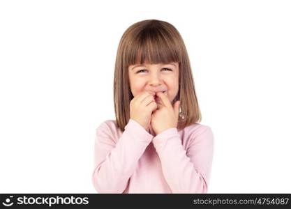 Surprised small girl making gestures isolated on a white background