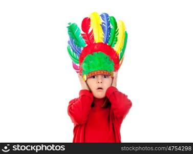 Surprised small girl making gestures with indian feathers isolated on a white background