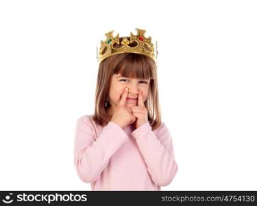 Surprised small girl wiht a golden crown making gestures isolated on a white background