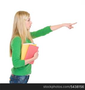 Surprised student girl pointing on copy space