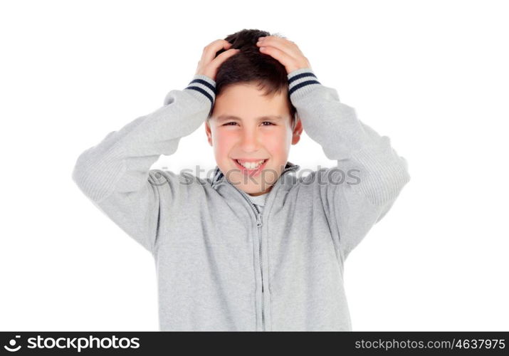 Surprised teenage boy of thirteen isolated on white background