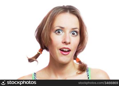 surprised teenage girl with ponytails, over white background