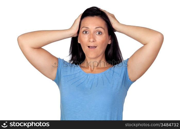 Surprised woman by forgetting something isolated on white background