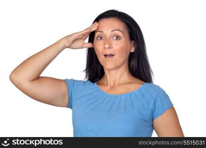Surprised woman by forgetting something isolated on white background