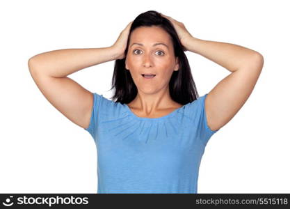 Surprised woman by forgetting something isolated on white background