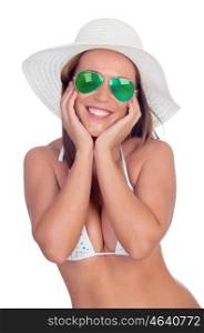 Surprised woman in bikini with sunglasses isolated on white background