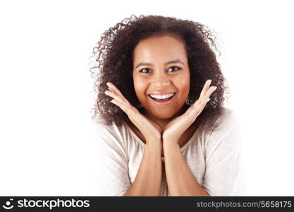 Surprised young african woman with hands over her mouth