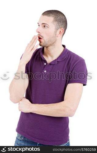 surprised young casual man portrait, isolated on white