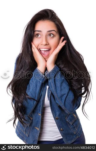 Surprised young woman isolated over white background
