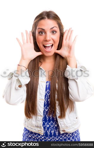 Surprised young woman isolated over white background