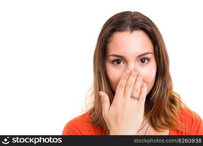 Surprised young woman isolated over white background