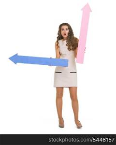 Surprised young woman with arrows pointing